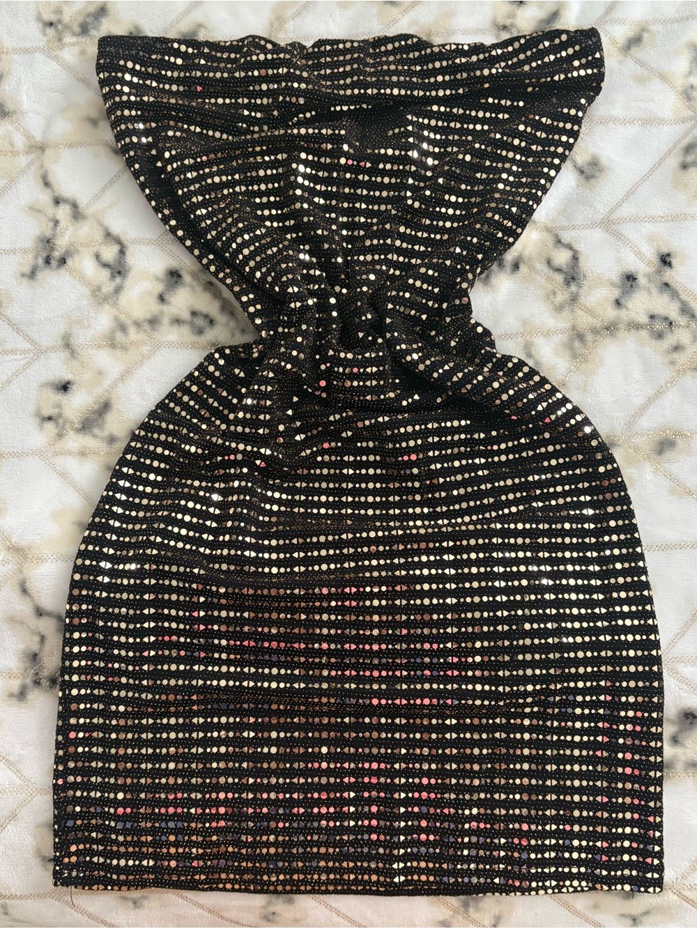 Rainbow Black Strapless Sequin Mini Dress with Gold Accents